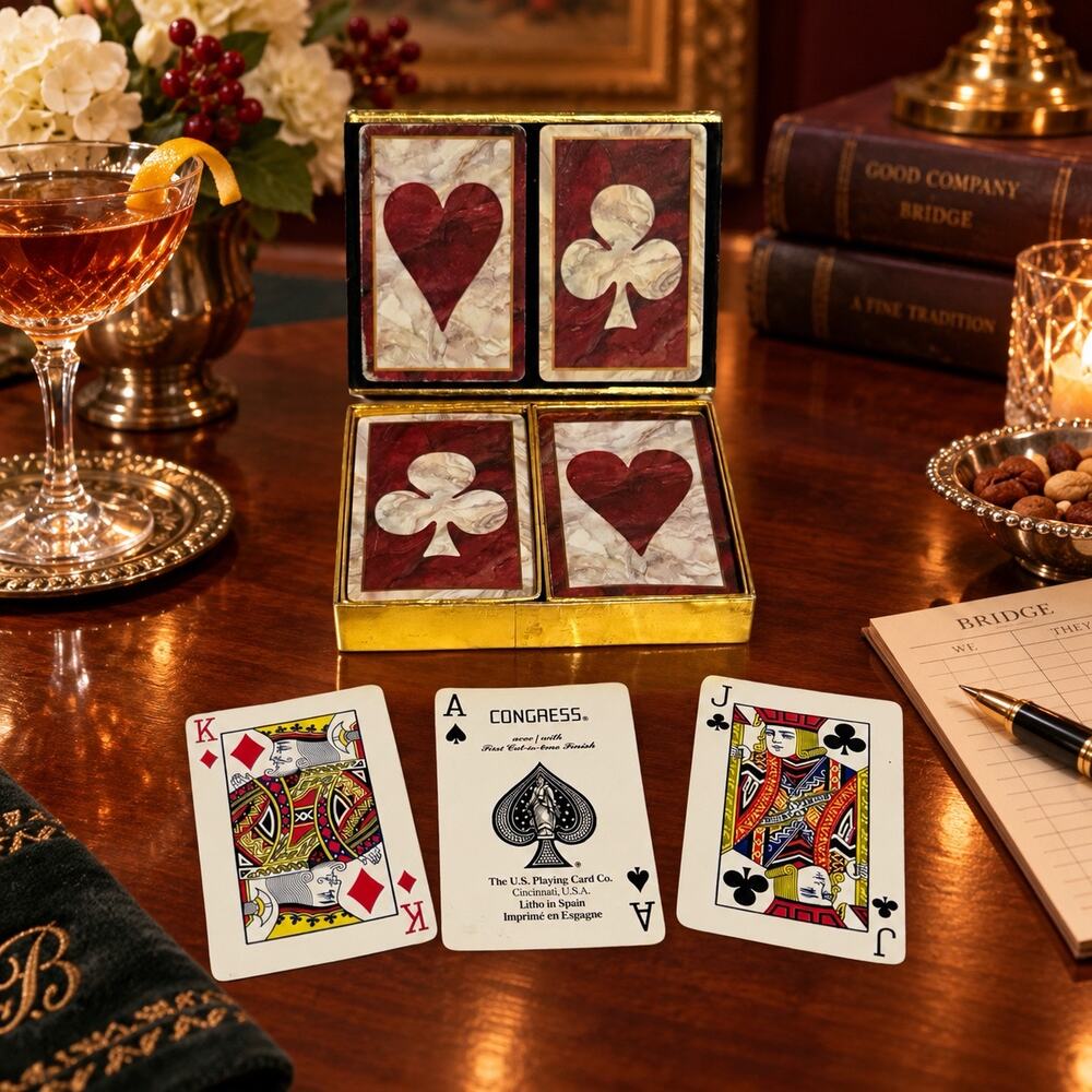 Vintage Congress Double Deck Playing Cards in Case Hearts Clubs Marbled Spain